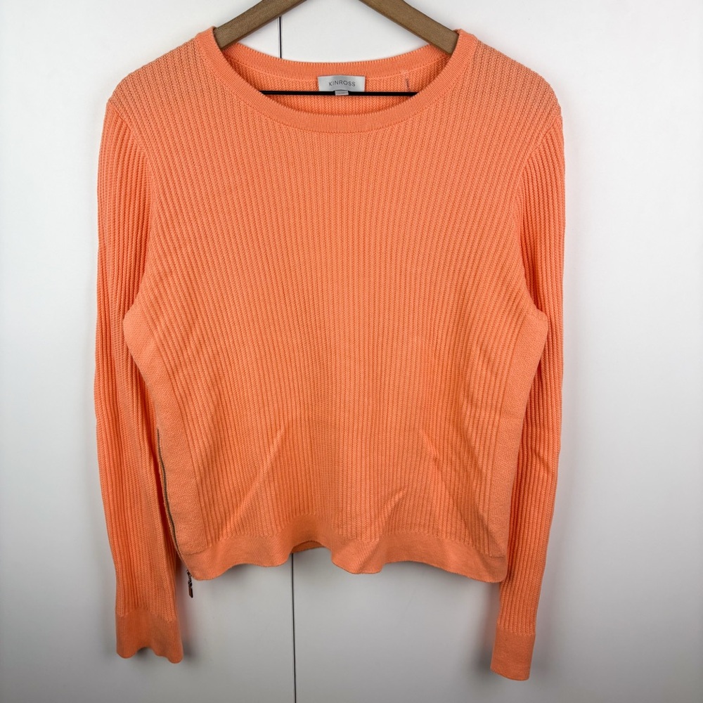 Kinross 100% Cotton Side Zip Crew Neck Ribbed Sweater Light Orange Large